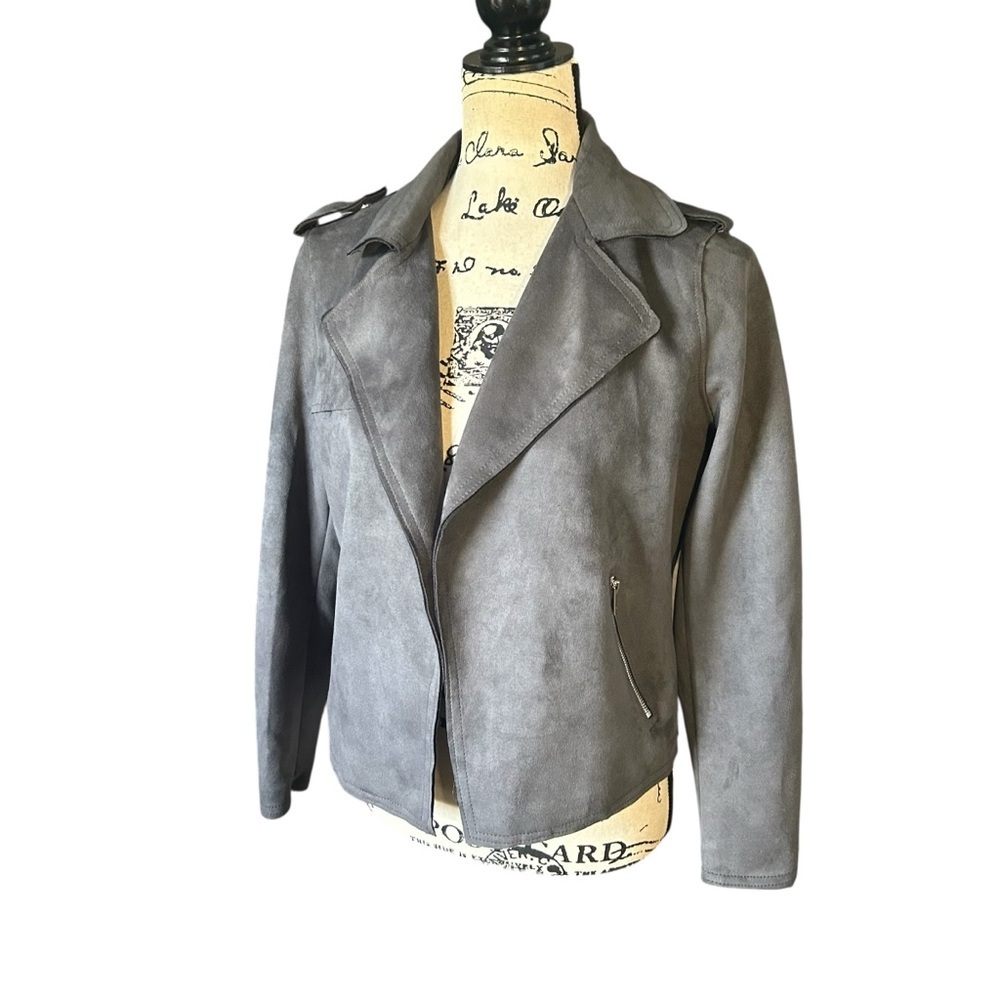 Tahari Carbon Sky Open Front Cropped Faux Suede Jacket Sz SP